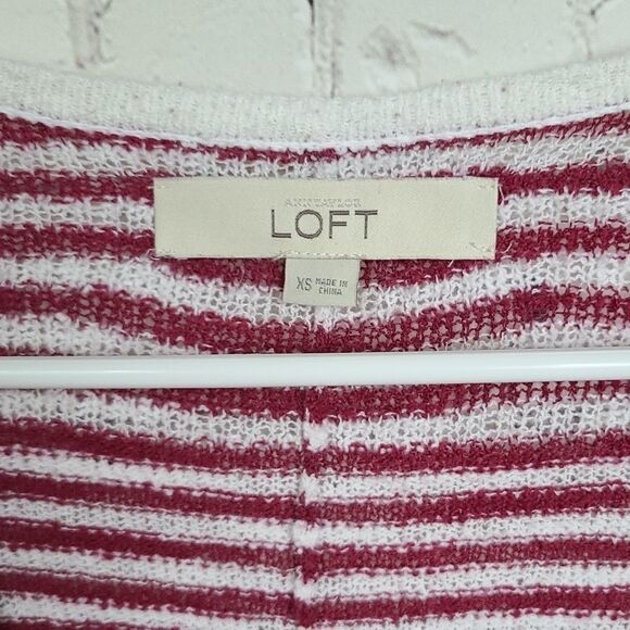 LOFT Red & White Stripe Oversize High Low Split Back V-neck Sweater Slub Knit XS - Picture 6 of 8